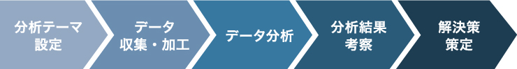 分析テーマ設定 データ収集・加工 データ分析 分析結果考察 解決策策定